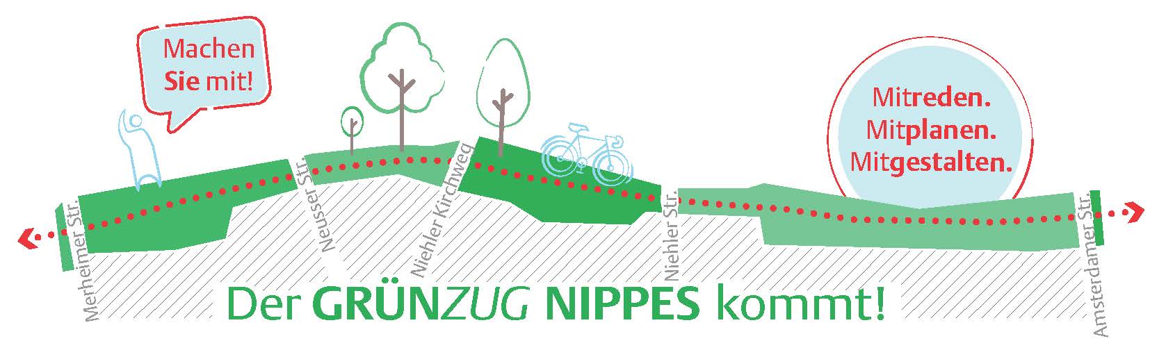 Dargestellt ist das Logo des GrünZug Nippes mit einem Schriftzug sowie Bäumen und einem Radweg.