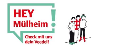 Logo Hey Mülheim! Check mit uns dein Veedel und drei Menschen