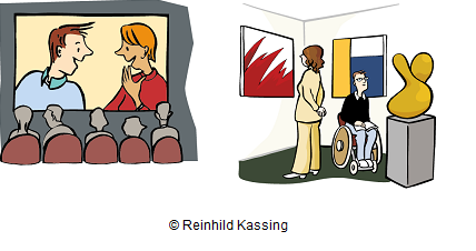 Menschen im Kino und Menschen in einer Ausstellung