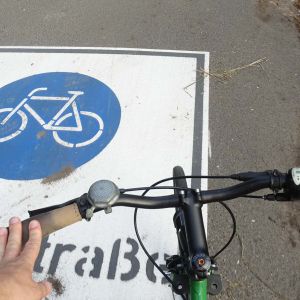 Zu sehen ist ein Fahrradlenker und ein Piktogramm auf der Fahrbahn mit der Aufschrift Fahrradstraße.