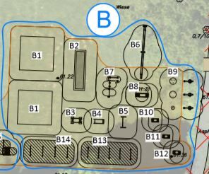 Man sieht eine Skizze von Bereich B. Eingezeichnet sind 14 Standorte, an denen Geräte zum Kraftsport platziert werden.