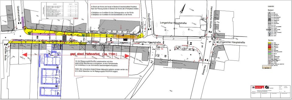 Entwurf zur Planung der Variante 2b. Ein Lageplan der Longericher Hauptstraße ist zu sehen.