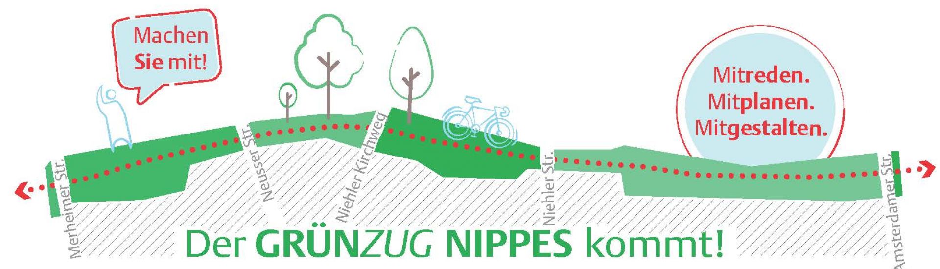 Dargestellt wird das Logo des Grünzugs Nippes mit einem Schriftzug sowie Bäumen und einem Radweg.