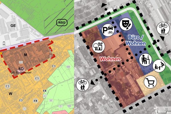 Fläche des Möhl-Areal mit Flächennutzungsplan und schematischer Darstellung der geplanten Bereiche