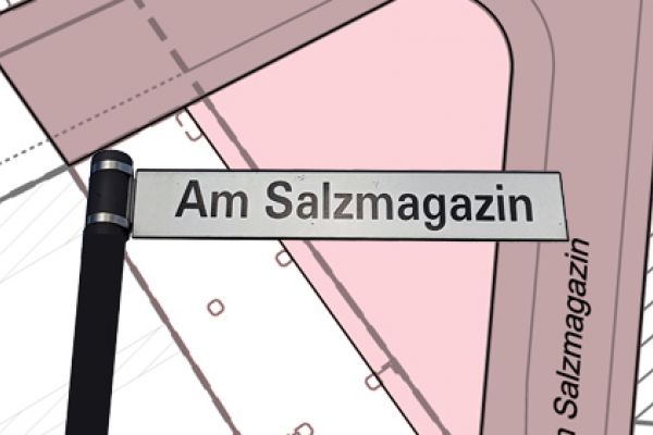 Quartiersplatz Am Salzmagazin: Platzplan mit Straßenschild