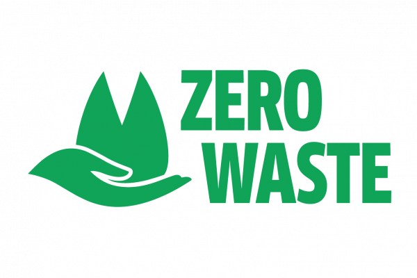 Wort-Bild-Marke von Zero-Waste, bestehend aus dem Titel ZERO WASTE und einer Hand, auf der der Dom liegt