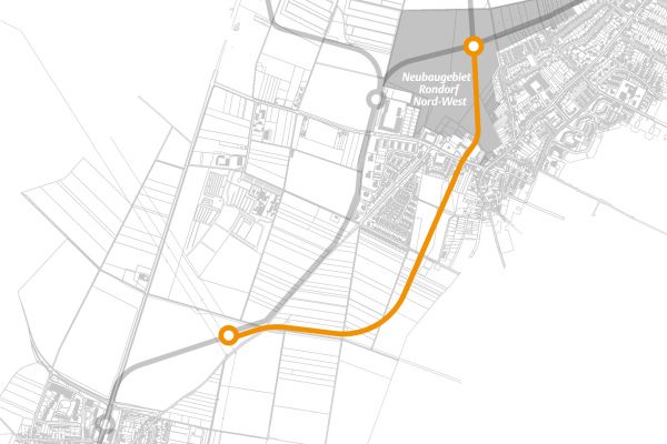 Kartendarstellung des Linienverlaufs der Süd-Alternative 1 von Rondorf nach Meschenich.