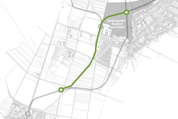 Kartendarstellung des Linienverlaufs der Süd-Alternative 2 von Rondorf nach Meschenich.