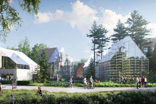 Animation des neuen Stadtteils mit Holzhaus und viel Grün