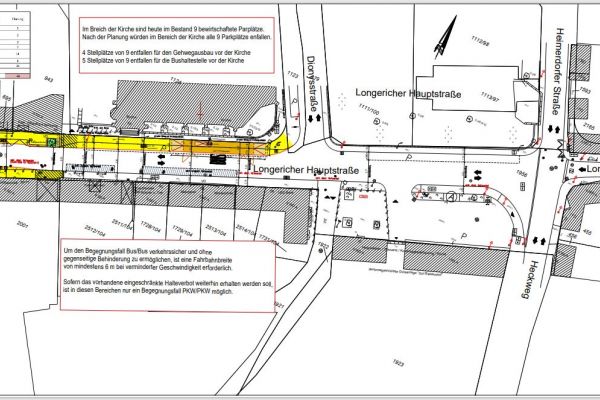 Entwurf zur Planung der Variante 2a. Ein Lageplan der Longericher Hauptstraße ist zu sehen.