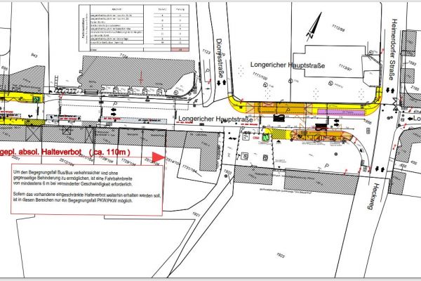 Entwurf zur Planung der Variante 3b. Ein Lageplan der Longericher Hauptstraße ist zu sehen.