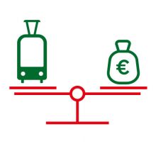 Grafik einer Stadtbahn und eines Geldbeutels auf einer Waage.