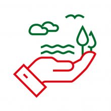 Grafik einer geöffneten Hand mit Wasser, Bäumen, Wolken und Vögeln.