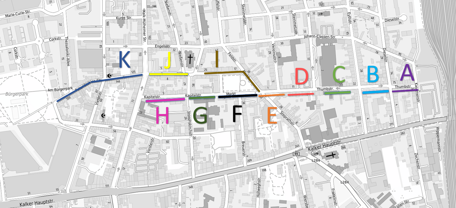 Stadtkarte mit eingezeichneten Straßenabschnitten A-K