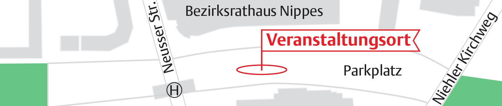 Karte des Treffpunkts für Veranstaltung am 23.05.2022. Der Veranstaltungsort liegt zwischen dem Bezirksrathaus Nippes und dem Parkplaz.