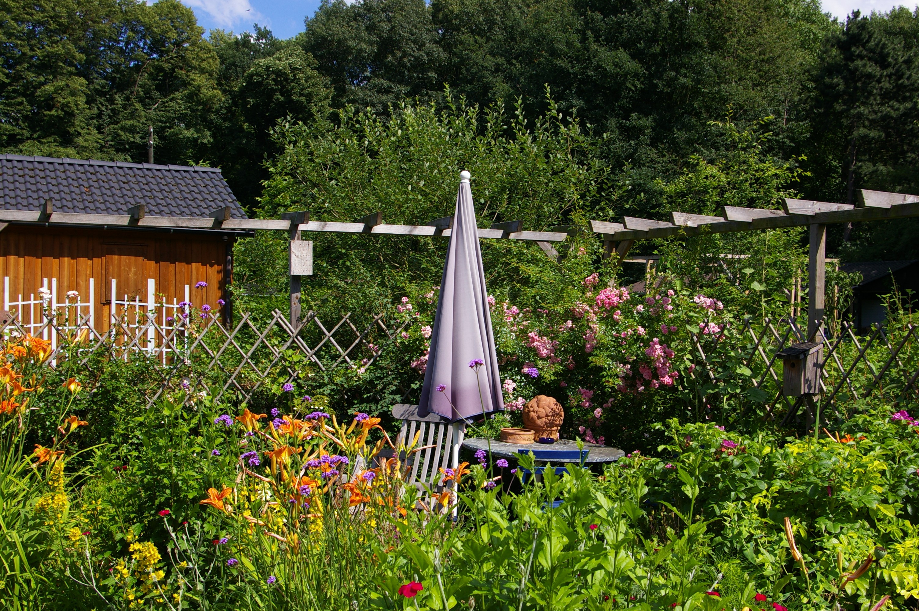 Garten mit Sonnenschirm in der Mitte. Im Hintergrund steht ein Gartenhaus.