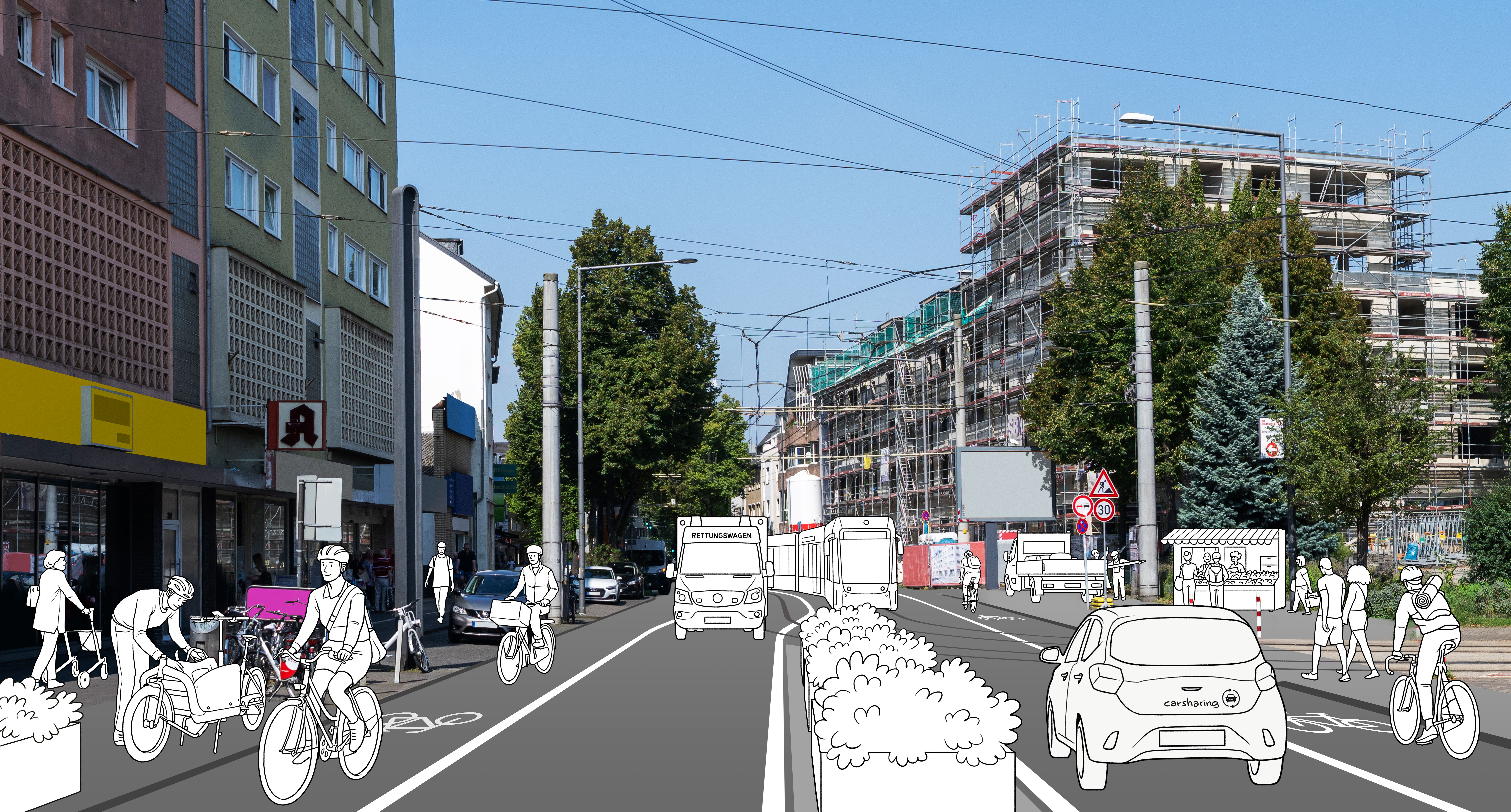 Visualisierung des Zielbildes "Ich erledige vieles direkt im Veedel" Untertitel: "Veedel ermöglichen kurze Wege, laden zum Verweilen ein und stellen Erreichbarkeit sicher." Zu sehen sind eine in den Straßenraum eingezeichnete Bahn, Fahrräder, ein Lastenrad und ein Rettungswagen.