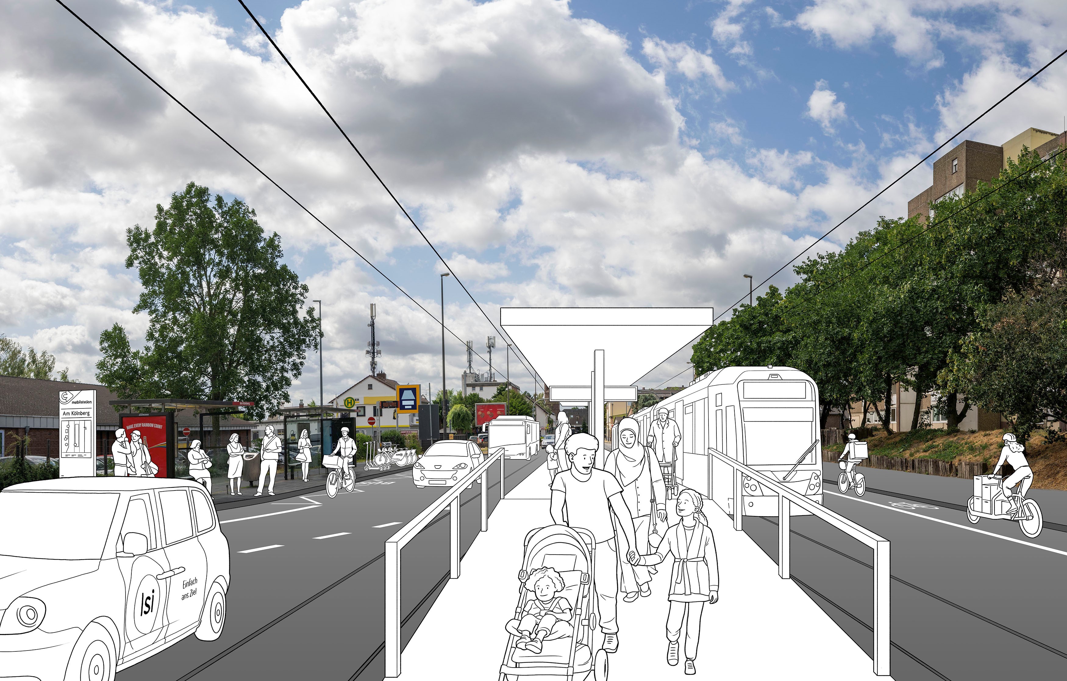 Visualisierung des Zielbildes "Ich kann am gesellschaftlichen Leben teilhaben." Untertitel: "Mobilität ist barrierefrei, bezahlbar und eröffnet Chancen." Zu sehen ist eine in den Straßenraum eingezeichnete Bahnstation und Zug. Verschiedene Menschen laufen die Bahnstation entlang.