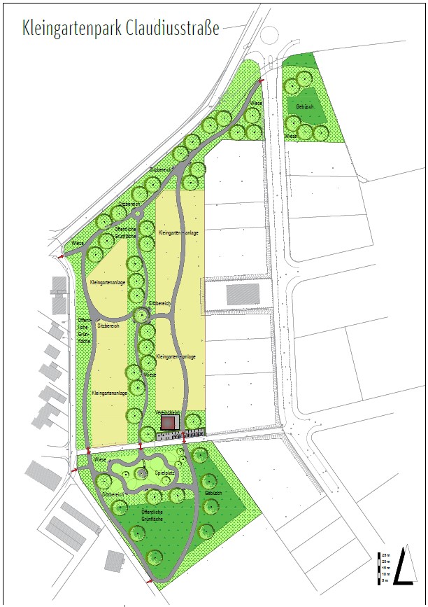 Lageplan des Kleingartenparks Claudiusstraße. Im Norden ist Wiese und Gebüsch, darunter die Kleingartenanlagen. Westlich der Kleingartenanlagen ist eine langegzogene, öffentliche Grünfläche. Im südlichen Teil ist ein Vereinsheim, ein Spielplatz, eine Wiese, eine weitere öffentliche Grünfläche sowie Gebüsch.