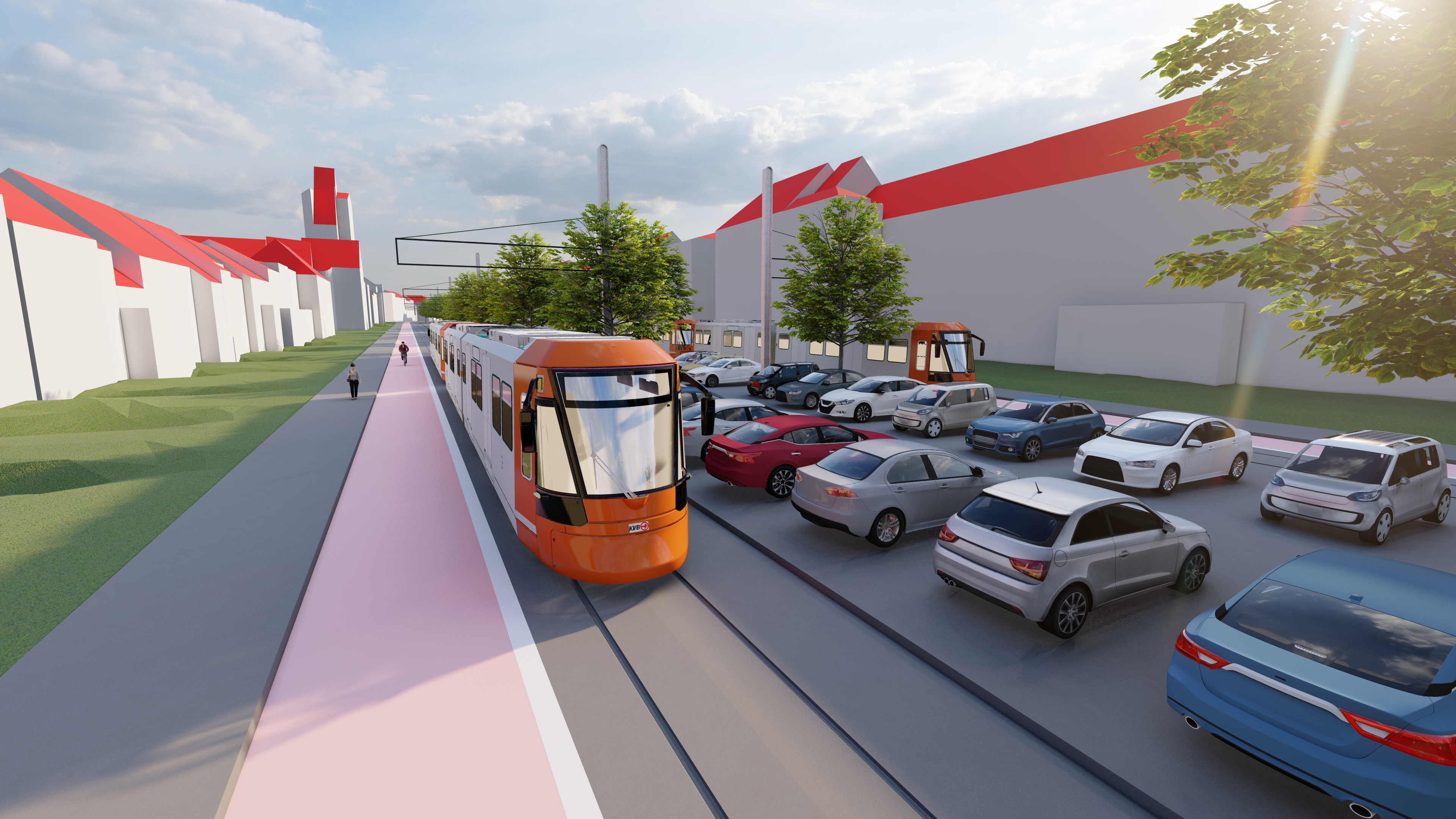 Simulation der Stadtbahn am Klettenberggürtel mit parkenden Autos rechts