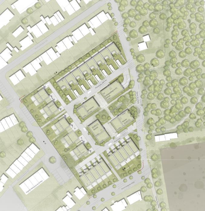 Darstellung des Entwurfs als Lageplan. Im Zentrum des Planungsgebiets befindet sich eine kleine Grünfläche umgeben von Punkthäusern. Diese wird durch eine Ringstraße umrahmt. An die Ringstraße, am äußeren Rand angeschlossen befinden sich Reihenhäuser und Doppelhäuser.