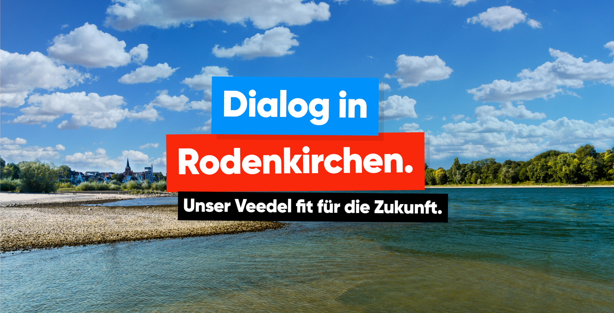 Foto vom Rodenkirchener Strand und Rhein mit dem Schriftzug "Dialog in Rodenkirchen"