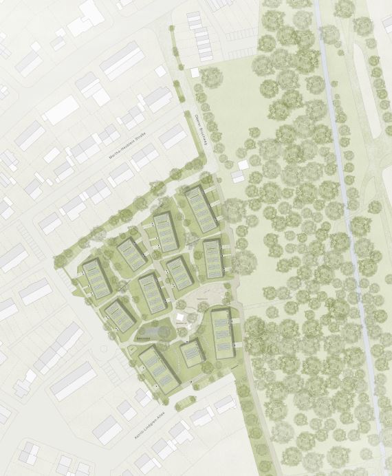 Darstellung des Entwurfs als Lageplan. Zeilengebäude werden schräg versetzt aneinandergereiht. Im Nördlichen Bereich werden vier Zeilen mit Reihenhäusern ausgebildet. Getrennt durch eine Grünfläche, wird Geschosswohnungsbau in drei Reihen im Süden geplant. 