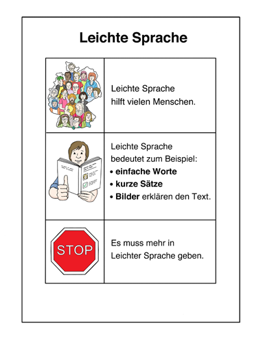 Leichte Sprache hilft vielen Menschen, leichte Sprache bedeutet: einfache Worte, kurze Sätze, Bilder erklären den Text