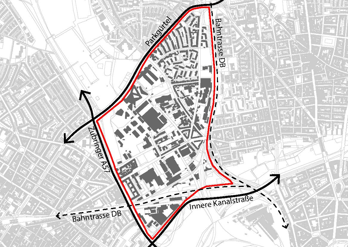 die Karte zeigt die oben beschrieben Abgrenzung des Liebigquartiers, im Osten der Bahndamm, im Nordwesten die Straße Parkgürtel, im Westen die Stadtautobahn A57, im Süden das Gleisdreieck und die Sportanlage ESV Olympia