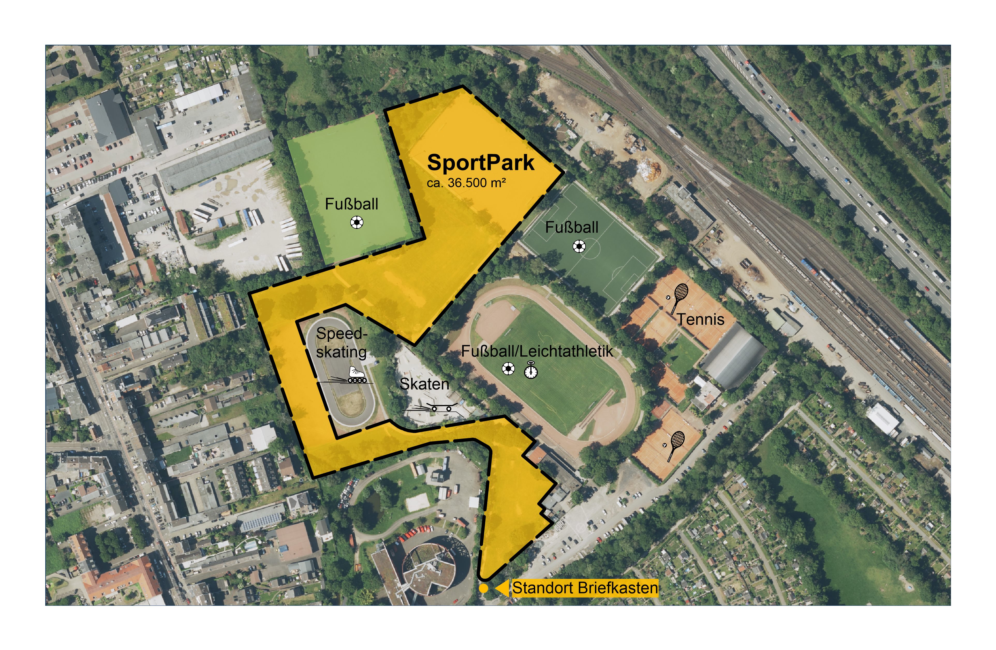 Übersichtskarte aus der Luftansicht mit der markierten Fläche des SportParks