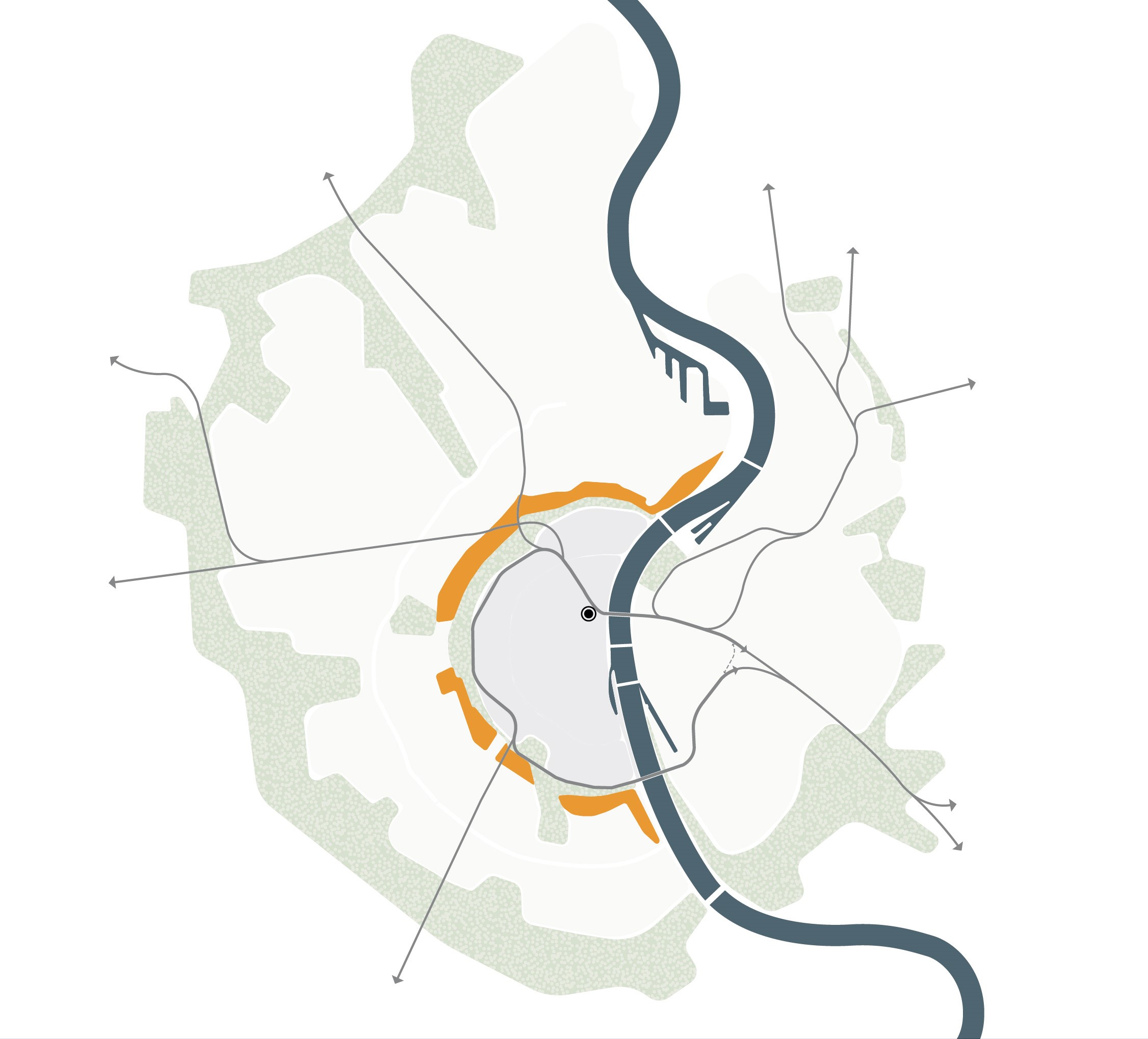 Die Karte zeigt eine vereinfachte Darstellung der Stadt Köln mit den prägenden Strukturen wie dem Rhein, dem Dom sowie dem inneren und dem äußeren Grüngürtel. Am äußeren Rand des inneren Grüngürtels sind in der Karte einzelne Flächen organgefarbend eingefärbt. Auf der Westseite des Rheins sind sowohl nördlich als auch südlich der Innenstadt noch weitere Flächen parallel zum Fluss eingefärbt. Bei diesen Flächen handelt es sich um potenzielle Entwicklungsräume für die Höhenentwicklung.