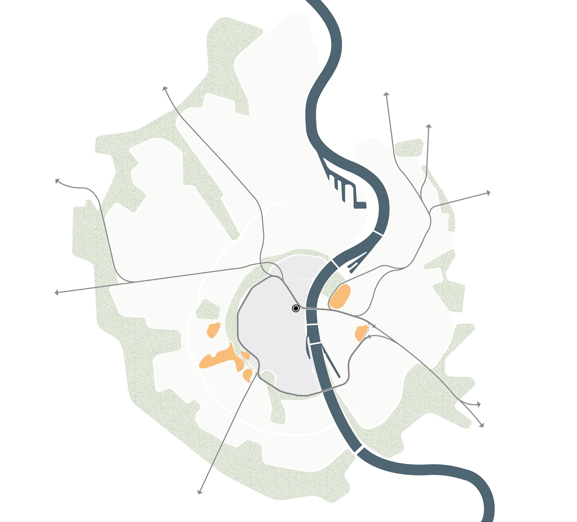 Die Karte zeigt eine vereinfachte Darstellung der Stadt Köln mit den prägenden Strukturen wie dem Rhein, dem Dom sowie dem inneren und dem äußeren Grüngürtel. Östlich des Rheins werden zwei Areale markiert, hierbei handelt es sich um die Messe und den TH-Campus. Westlich der Innenstadt werden zwei weitere Areale durch eine Schraffur markiert, hierbei handelt es sich um die Universität zu Köln und die Uniklinik Köln.