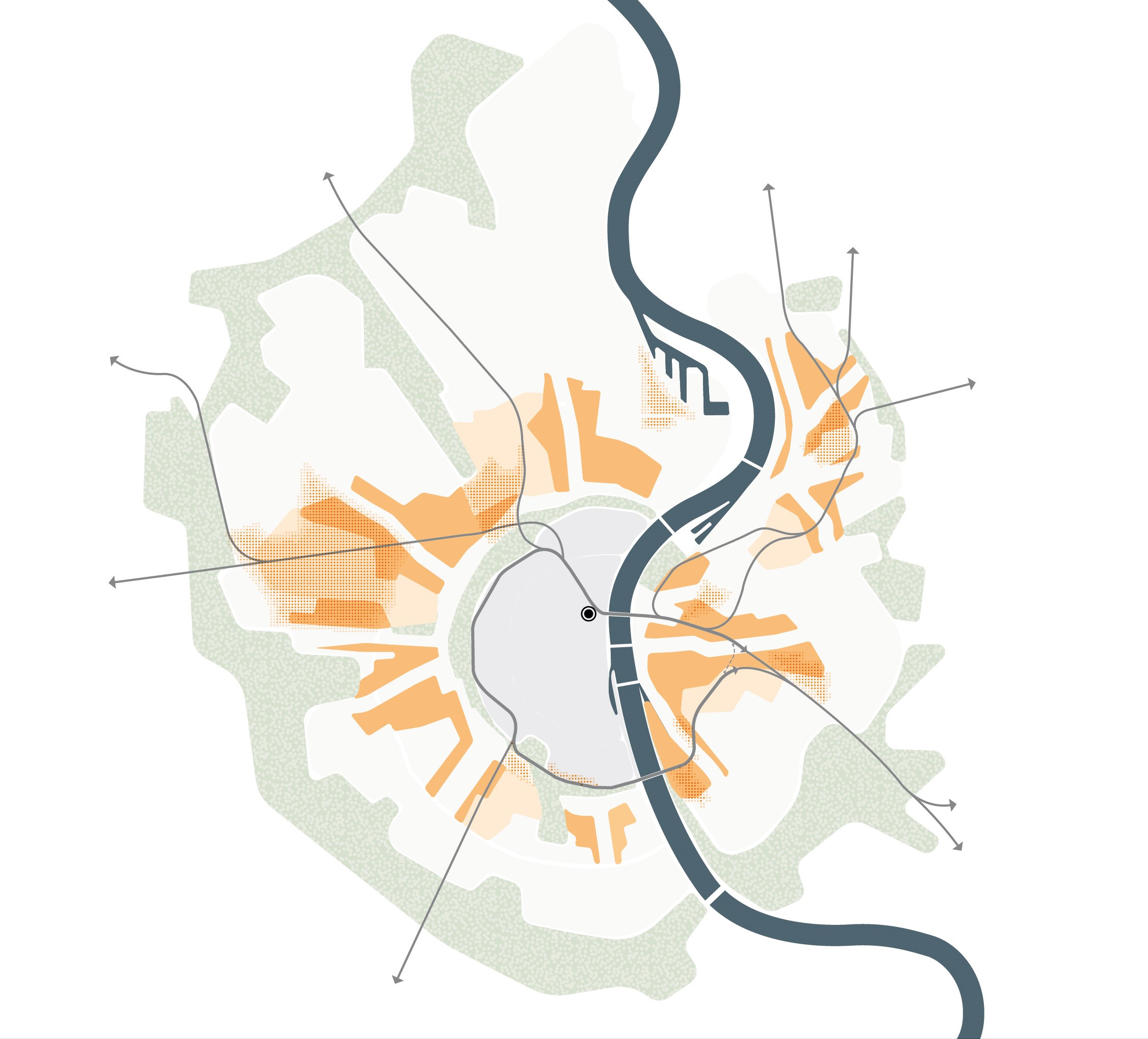 Die Karte zeigt eine vereinfachte Darstellung der Stadt Köln mit den prägenden Strukturen. Durch eingefärbte Flächen werden die Gebiete im Wandel dargestellt. Ausgespart werden die Bereiche der Stadtachsen sowie die Flächen, die die Potenzialflächen entlang der blau-grünen Infrastruktur. Die Gebiete im Wandel erstrecken sich vom inneren Grüngürtel entlang der Stadtachsen nach außen. Auch auf der östlichen Seite des Rheins werden Gebiete im im Wandel dargestellt.