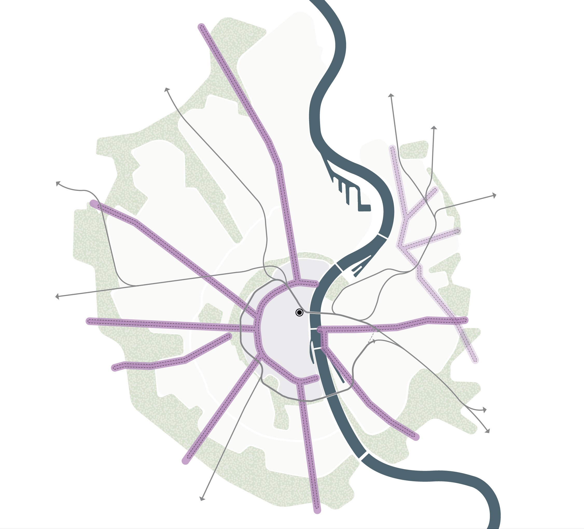 Die Karte zeigt eine vereinfachte Darstellung der Stadt Köln. Durch lilafarbene Pfeile werden die Hauptverkehrsachsen der Stadt sowie die Ringe markiert. Die Straßen führen sternförmig vom Ring aus nach außen. Östlich des Rheins wird das Entwicklungsgebiet des rechtsrheinischen Korridors durch eine Markierung der Hauptverkehrsstraßen in in lila gezeigt. Auf der gesamten Karte sind die Hauptverkehrsstrecken des SPNV in hellgrau dargestellt. 