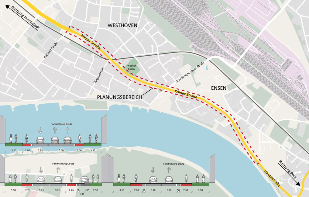 Kartenansicht des Planungsbereichs der Kölner Straße inklusive Darstellung der drei Varianten