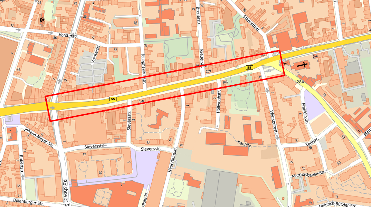 Draufsicht auf eine Karte des Planungsgebiets in Kalk. Gekennzeichnet mit einer roten Linie ist der Abschnitt der Kalker Hauptstraße zwischen Rolshover Straße und Kapellenstraße.