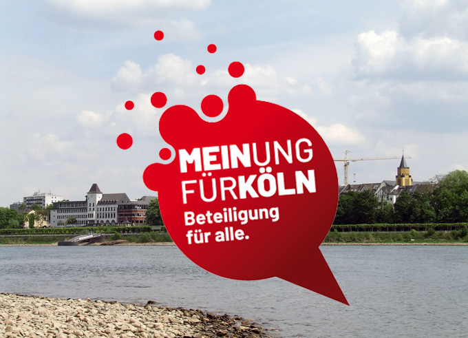 Rheinboulevard Porz mit "Meinung für Köln"-Logo