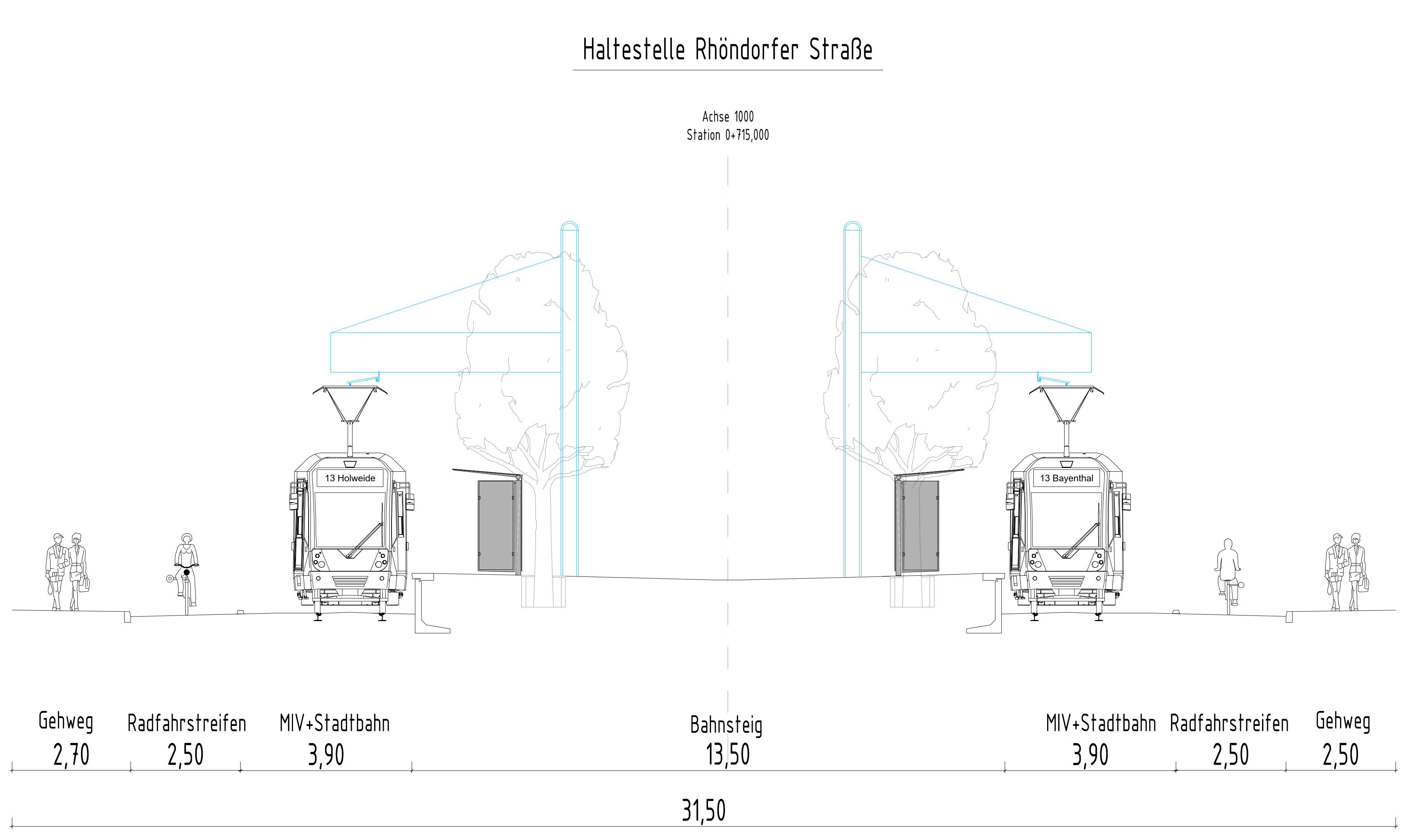 Plan der neuen Haltestelle "Rhöndorfer Straße" mit Maßangaben