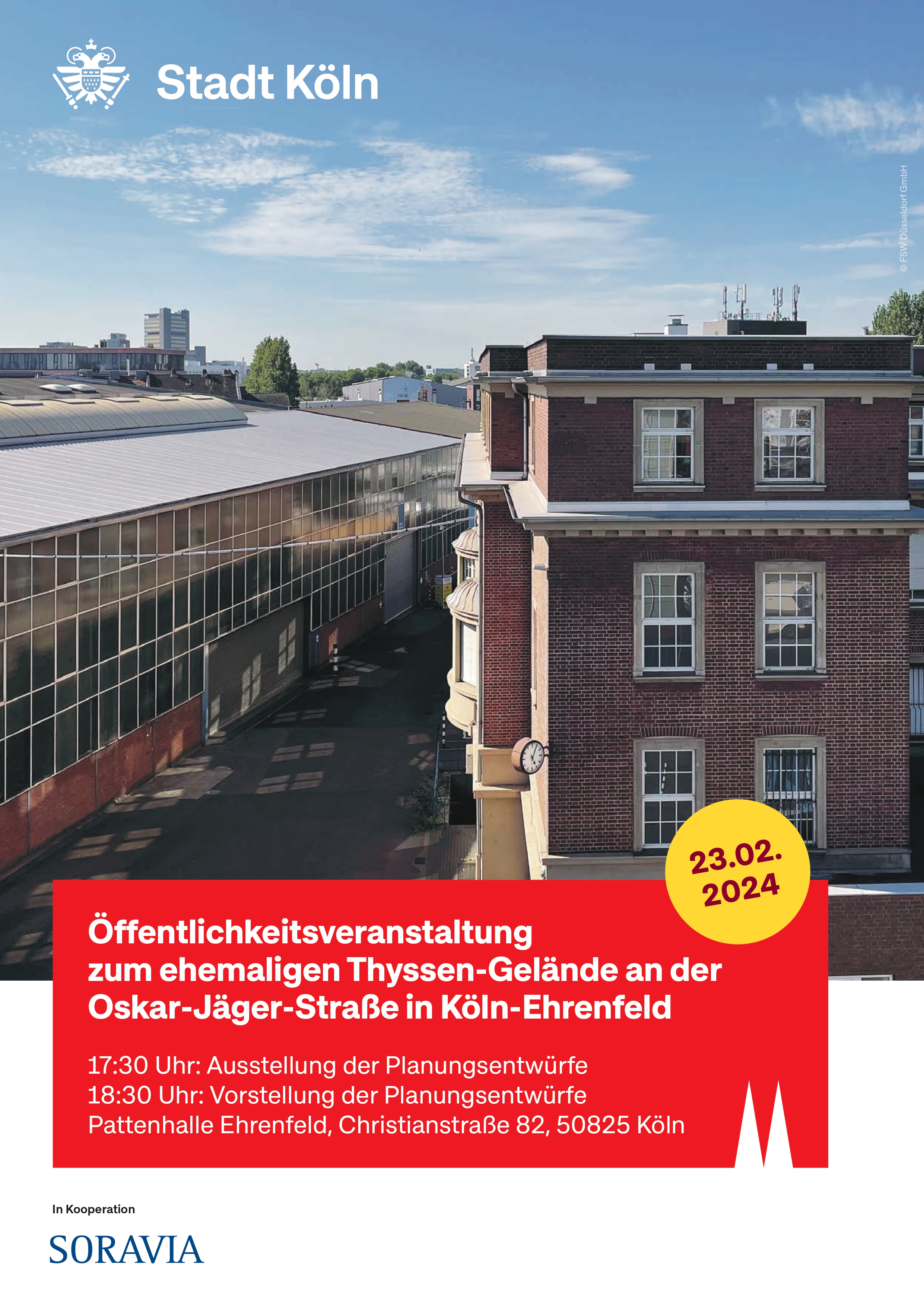 Ein Bild einer Lagerhalle mit dem Text "Einladung: Öffentlichkeitsveranstaltung zum ehemaligen Thyssen-Gelände an der Oskar-Jäger-Straße in Köln-Ehrenfeld"