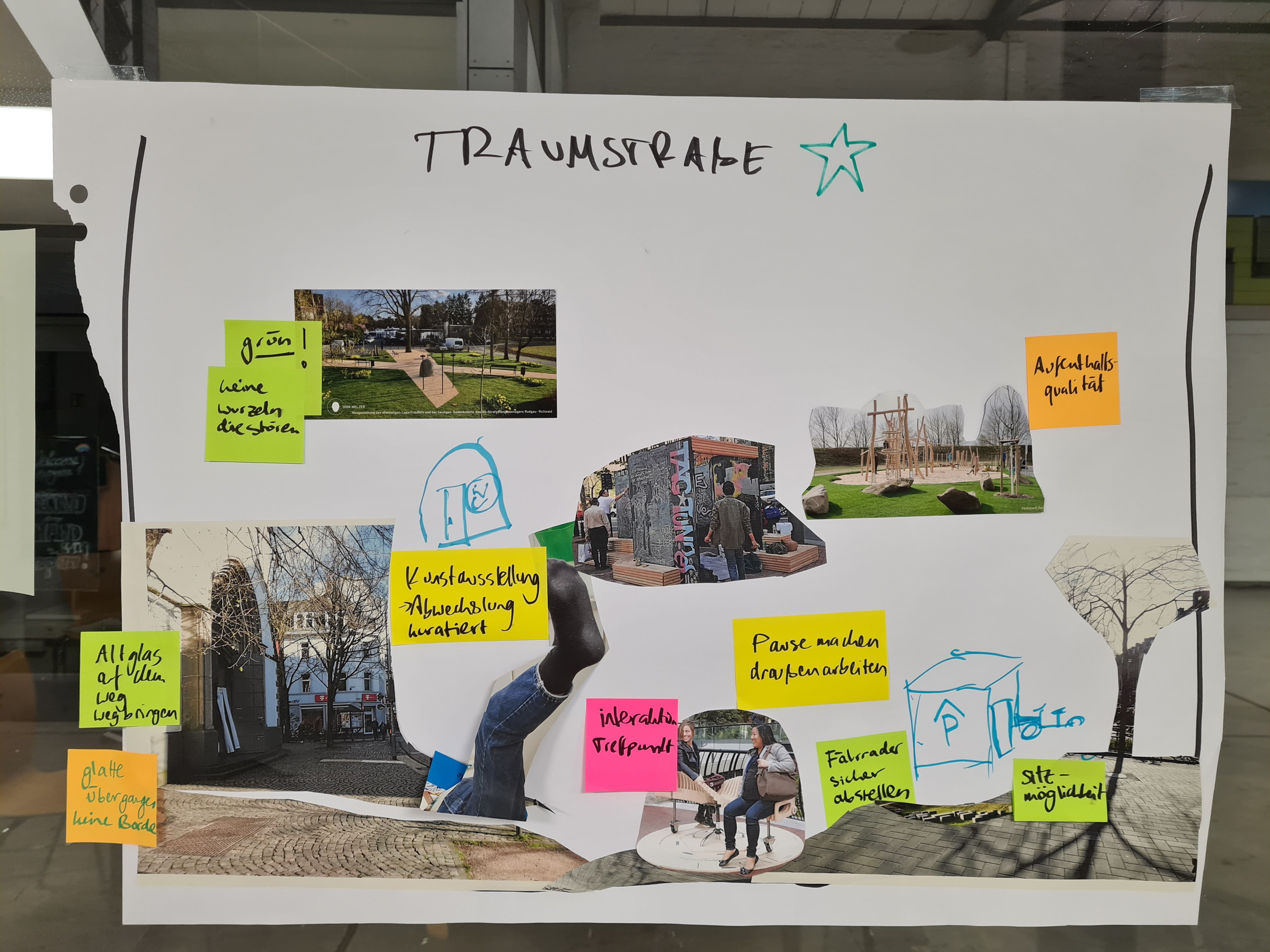 Gezeichneter Querschnitt einer Straße, auf welcher mit Bilder und Post-Its die Vorstellungen für Jürgens Traumstraße festgehalten wurden. Beispiele sind "Aufenthaltsqualität", "interaktiver Treffpunkt", "Altglas auf dem Weg wegbringen". 