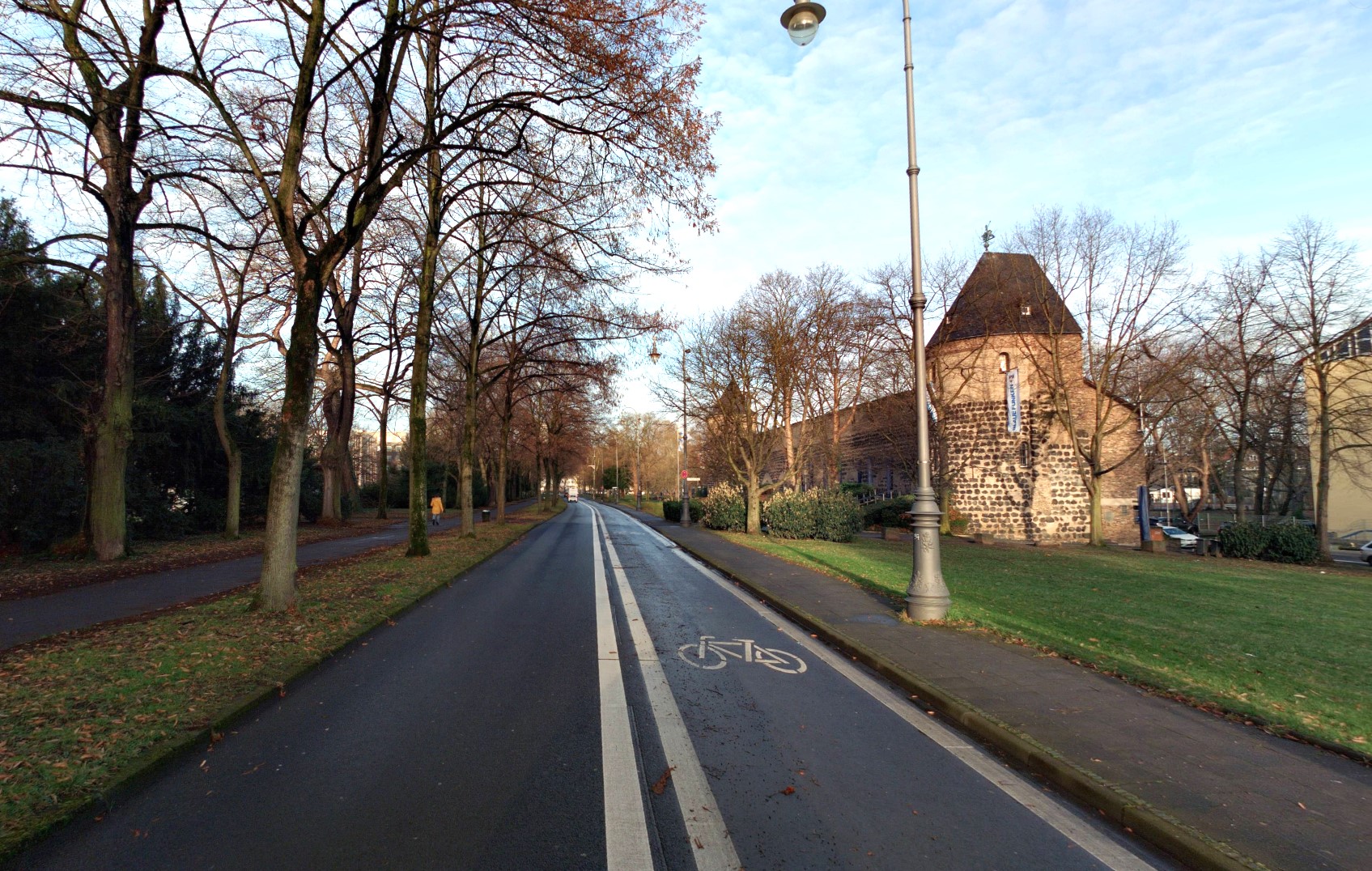 Beispielbild des Sachsenrings, auf welchem die Aufteilung von Gehwegen, Radfahrstreifen, Schutzstreifen und den Fahrspuren für den motorisierten Individualverkehr zu sehen ist. 