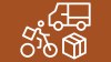Icons eines Transporters, eines Radfahrenden mit Rucksack und eines Pakets