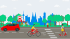 Ein buntes Bild von einer Straße in Köln. Im Hintergrund ist die Skyline von Köln, unter anderem der Colonius und der Dom. Davor sind viele Bäume und ein Grünstreifen. Eine Frau sitzt auf einer Bank an einer Bushaltestelle, hat eine Handtasche auf dem Schoß und Krücken an die Bank gelehnt. Im Vordergrund ist eine Straße mit einer Fahrradspur. Auf der Straße fährt ein rotes Auto. Auf der Fahrradspur eine Frau mit dem Roller und ein Mann mit dem Fahrrad. Am Grünstreifen auf dem Fußweg geht ein Mann.