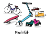 Ein Fahrrad, ein Skateboard, ein Roller, ein Auto, ein Bus und ein Paar Inliner, untertitelt mit dem Wort Mobilität