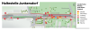 Der technische Plan zeigt die Haltestelle Junkersdorf zwischen den Einmündungen des Rosen- und Marathonwegsauf der Aachener Straße aus der Vogelperspektive. Geplante Ausbaumaßnahmen sind mit Nummern versehen, die im Text erklärt werden.